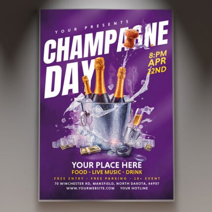 A professional Champagne Day Flyer Template featuring luxurious gold and platinum gradients, sparkling bubble elements, and elegant typography.
