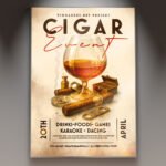 A professional Cigar Event Flyer Template featuring rich tobacco-brown gradients, subtle smoke overlays, and elegant typography.