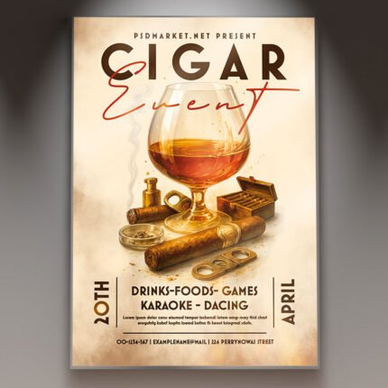 A professional Cigar Event Flyer Template featuring rich tobacco-brown gradients, subtle smoke overlays, and elegant typography.