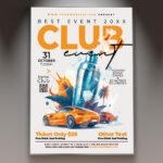 A professional Club Event Flyer Template featuring vibrant neon lighting effects, sleek dark backgrounds, and bold, modern typography.