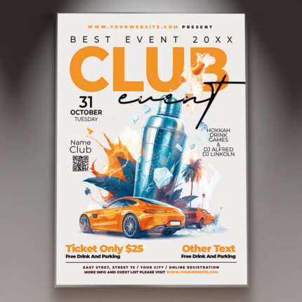 A professional Club Event Flyer Template featuring vibrant neon lighting effects, sleek dark backgrounds, and bold, modern typography.