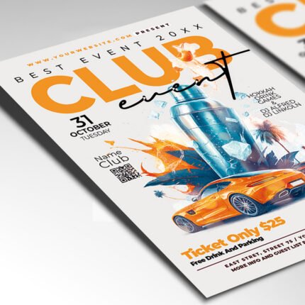 Customizable club event poster in PSD format with atmospheric lighting, organized Photoshop layers, and premium artist photo placeholders.