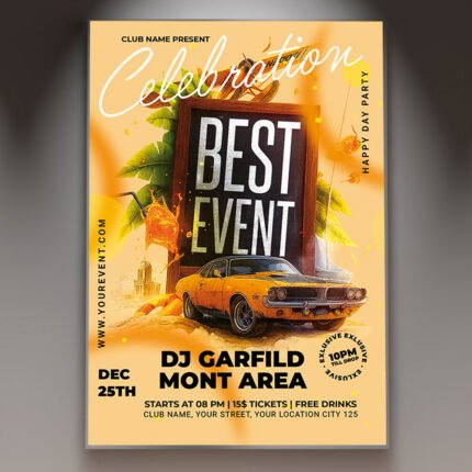 A professional Club Party Flyer Template featuring vibrant neon lighting effects, sleek dark backgrounds, and bold, modern typography.