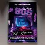 A professional Disco 80 Flyer PSD Template featuring iconic disco ball imagery, vibrant neon colors, and bold, retro typography.