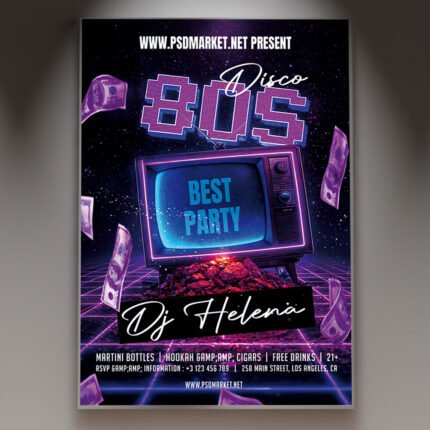 A professional Disco 80 Flyer PSD Template featuring iconic disco ball imagery, vibrant neon colors, and bold, retro typography.