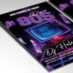 Customizable 80s-themed disco party poster in PSD format with vintage design elements, organized Photoshop layers, and premium artist photo placeholders.