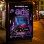 An eye-catching "Disco 80" invitation flyer template showing sharp 300 DPI resolution, professional music aesthetic, and high-impact nostalgic design.