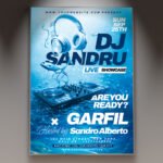 A professional DJ Event Flyer PSD Template featuring dynamic light-burst textures, sleek modern gradients, and bold, high-impact typography.