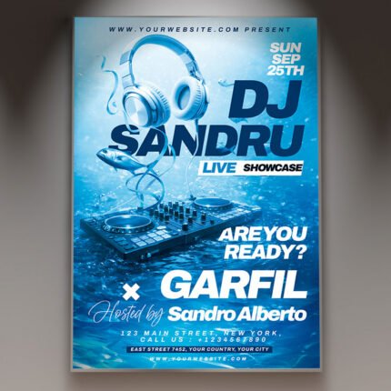 A professional DJ Event Flyer PSD Template featuring dynamic light-burst textures, sleek modern gradients, and bold, high-impact typography.