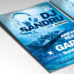 Customizable DJ night poster in PSD format with atmospheric lighting, organized Photoshop layers, and premium artist photo placeholders.