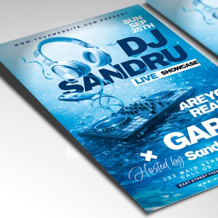 Customizable DJ night poster in PSD format with atmospheric lighting, organized Photoshop layers, and premium artist photo placeholders.