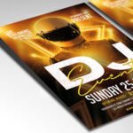 Customizable DJ night poster in PSD format with atmospheric lighting, organized Photoshop layers, and premium artist photo placeholders.