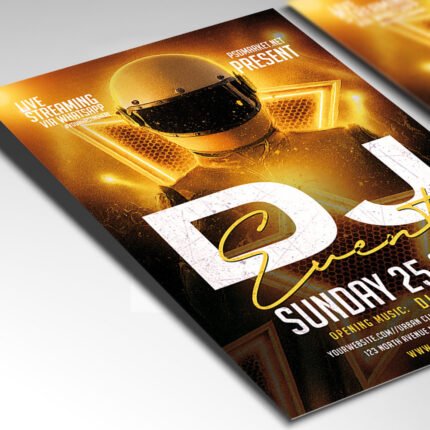 Customizable DJ night poster in PSD format with atmospheric lighting, organized Photoshop layers, and premium artist photo placeholders.
