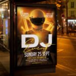 An eye-catching "DJ Event" invitation flyer template showing sharp 300 DPI resolution, professional nightlife aesthetic, and modern high-impact design.