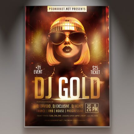 A premium DJ Gold Event 2027 Flyer PSD Template featuring luxurious gold textures, elegant light effects, and modern sophisticated typography.