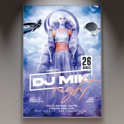 A professional DJ Mix 2027 Flyer Template featuring futuristic geometric accents, vibrant chromatic gradients, and modern, bold typography.