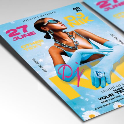 Customizable DJ night event poster in PSD format with atmospheric textures, organized Photoshop layers, and premium artist photo placeholders.