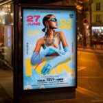 An eye-catching "DJ Night 2027" invitation flyer template showing sharp 300 DPI resolution, professional music aesthetic, and high-impact design for nightlife events.