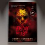 A professional Friday 13th Flyer Template featuring dark atmospheric gradients, gothic horror typography, and eerie design motifs.