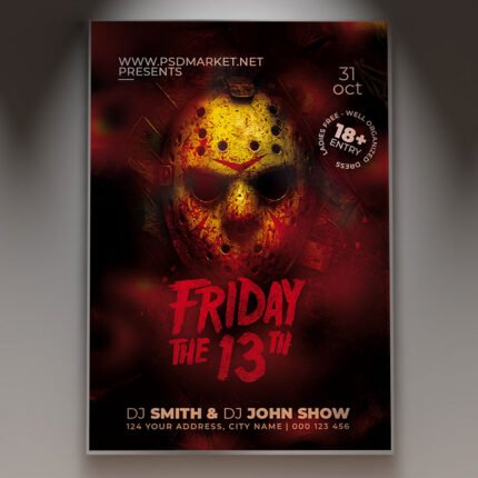 A professional Friday 13th Flyer Template featuring dark atmospheric gradients, gothic horror typography, and eerie design motifs.