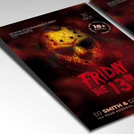Customizable spooky themed party poster in PSD format with atmospheric lighting, organized Photoshop layers, and premium placeholders for event details.