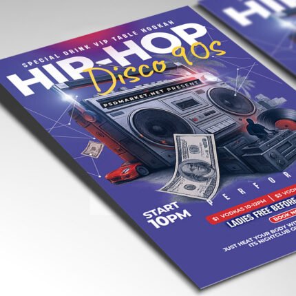 Customizable urban music event poster in PSD format with high-contrast design elements, organized Photoshop layers, and premium artist photo placeholders.