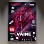 A professional Karaoke Event Flyer PSD Template featuring a dynamic microphone illustration, glowing stage light effects, and bold, playful typography.