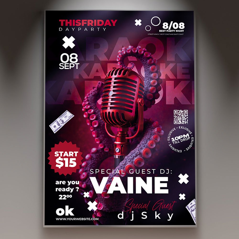 karaoke-event-flyer-psd-template-1 A professional Karaoke Event Flyer PSD Template featuring a dynamic microphone illustration, glowing stage light effects, and bold, playful typography.