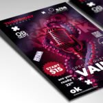 Customizable karaoke night poster in PSD format with vibrant design elements, organized Photoshop layers, and premium placeholders for event details.