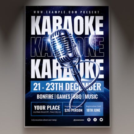 A professional Karaoke Night 2026 Flyer PSD Template featuring a dynamic microphone illustration, glowing stage light effects, and modern, bold typography.