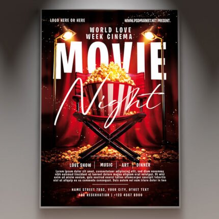 A professional Movie Night 2027 Flyer PSD Template featuring spotlight effects, film reel imagery, and bold theater-inspired typography.