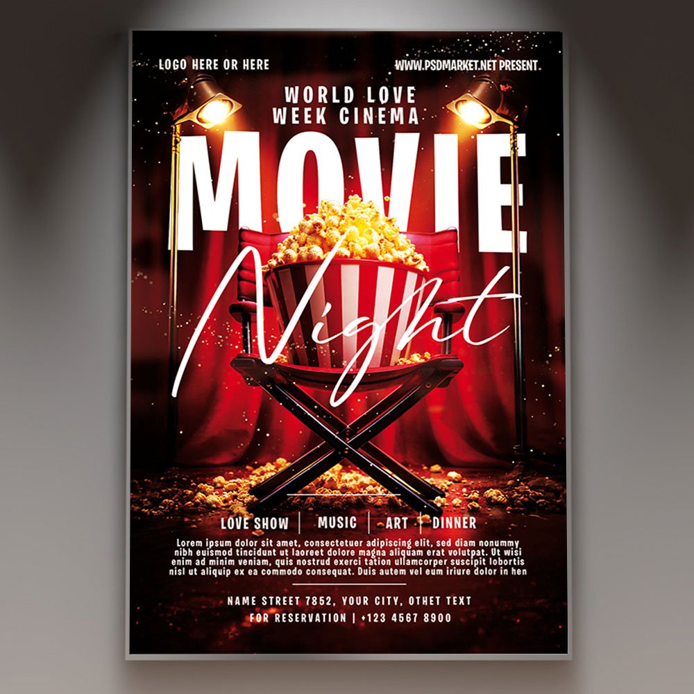 movie-night-2027-flyer-psd-template-1 A professional Movie Night 2027 Flyer PSD Template featuring spotlight effects, film reel imagery, and bold theater-inspired typography.