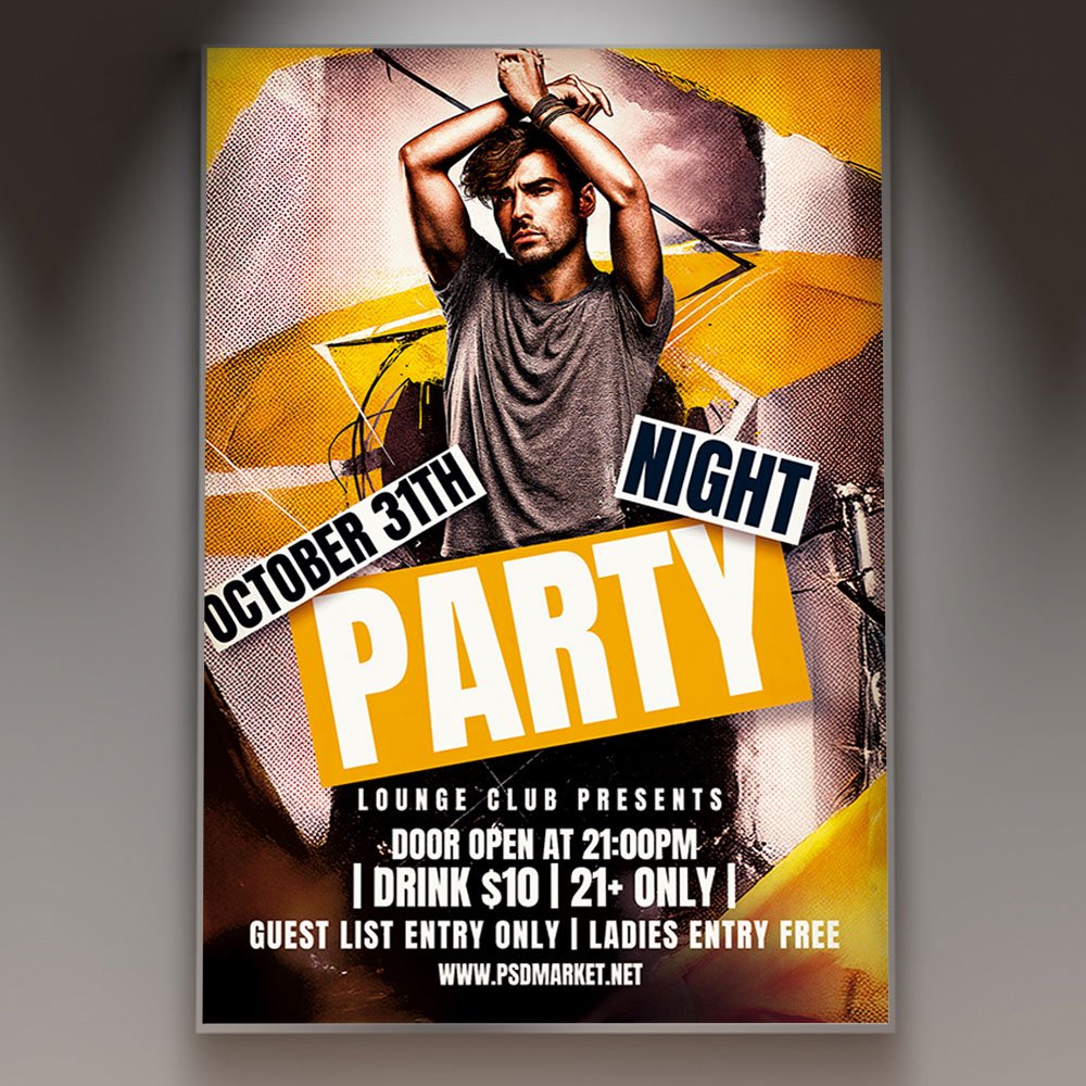 night-party-flyer-template-1 A professional Night Party Flyer Template featuring vibrant neon lighting effects, sleek dark backgrounds, and bold, modern typography.