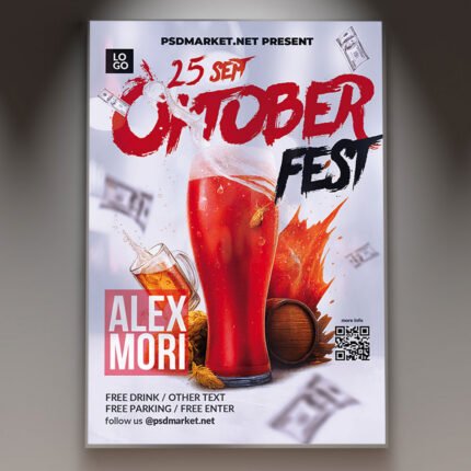 A professional Oktoberfest Flyer Template featuring traditional Bavarian patterns, classic beer stein motifs, and bold festive typography.