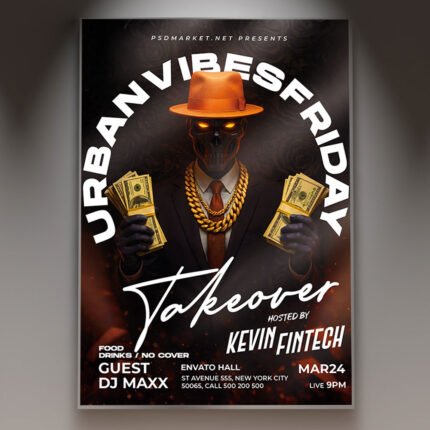 A professional DJ Takeover Flyer 2027 Template featuring kinetic visual motifs, high-contrast textures, and bold, modern typography.