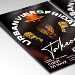 Customizable DJ takeover event poster in PSD format with sharp urban design elements, organized Photoshop layers, and premium artist photo placeholders.