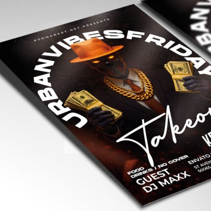 Customizable DJ takeover event poster in PSD format with sharp urban design elements, organized Photoshop layers, and premium artist photo placeholders.
