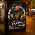 An eye-catching "DJ Takeover 2027" invitation flyer template showing sharp 300 DPI resolution, high-energy nightlife aesthetic, and professional design.