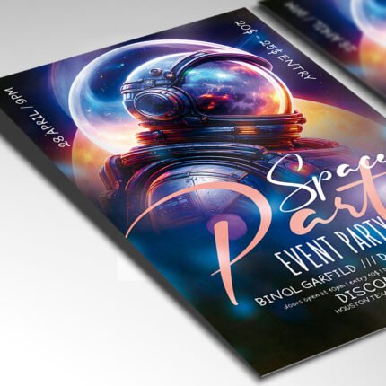 Customizable cosmic-themed event poster in PSD format with futuristic design elements, organized Photoshop layers, and premium VIP venue placeholders.