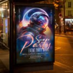 An eye-catching "Space Event Party" invitation flyer template showing sharp 300 DPI resolution, otherworldly color palettes, and professional electronic music event aesthetics.