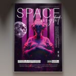 A professional Space Night 2027 Flyer Template featuring vibrant nebula backgrounds, futuristic digital geometry, and sleek, minimalist typography.