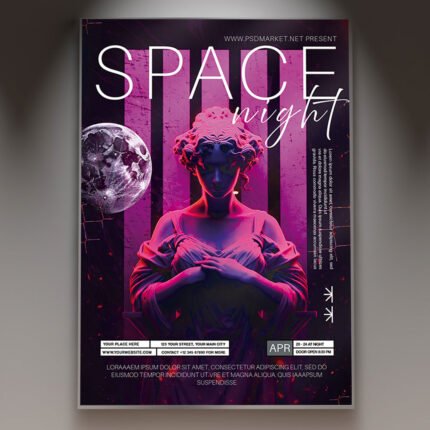 A professional Space Night 2027 Flyer Template featuring vibrant nebula backgrounds, futuristic digital geometry, and sleek, minimalist typography.
