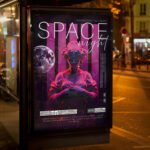 An eye-catching "Space Night 2027" invitation flyer template showing sharp 300 DPI resolution, professional music aesthetic, and high-impact futuristic design.