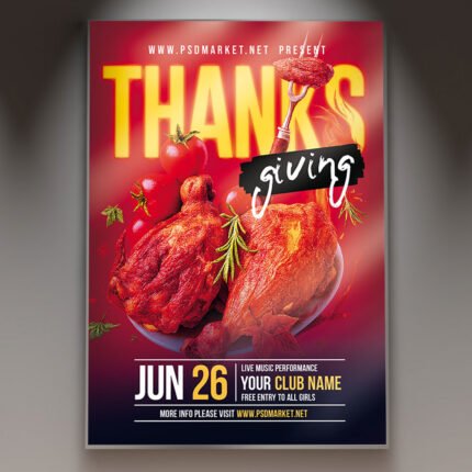 A professional Thanksgiving Event Flyer Template featuring rich autumn colors, rustic foliage motifs, and warm welcoming typography.