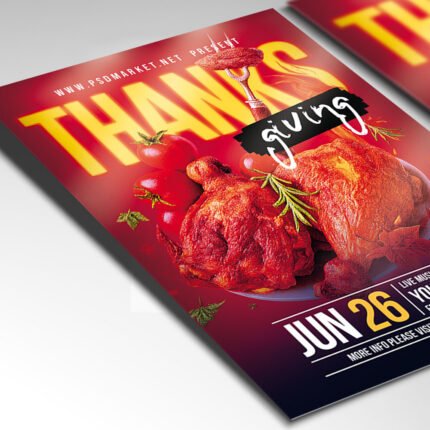 Customizable Thanksgiving dinner event poster in PSD format with seasonal design details, organized Photoshop layers, and premium placeholders for event details.