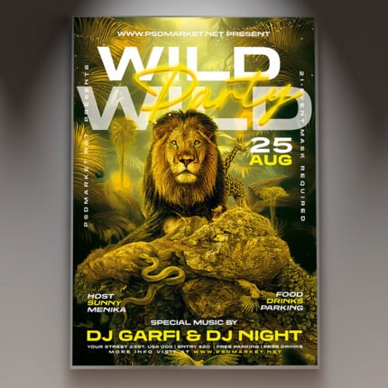 A professional Wild Party Flyer Template featuring intense glitch effects, vibrant neon colors, and aggressive, high-impact typography.