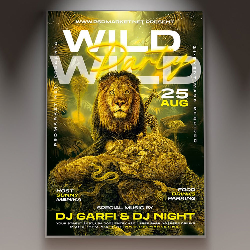 wild-party-flyer-template-1 A professional Wild Party Flyer Template featuring intense glitch effects, vibrant neon colors, and aggressive, high-impact typography.