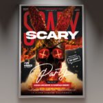 A professional Scary 2027 Flyer Template featuring dark atmospheric gradients, gothic horror typography, and eerie design motifs.