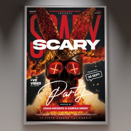 A professional Scary 2027 Flyer Template featuring dark atmospheric gradients, gothic horror typography, and eerie design motifs.