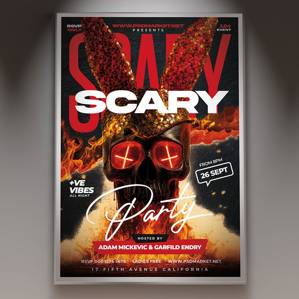 Scary 2027 Flyer Templat-1 A professional Scary 2027 Flyer Template featuring dark atmospheric gradients, gothic horror typography, and eerie design motifs.